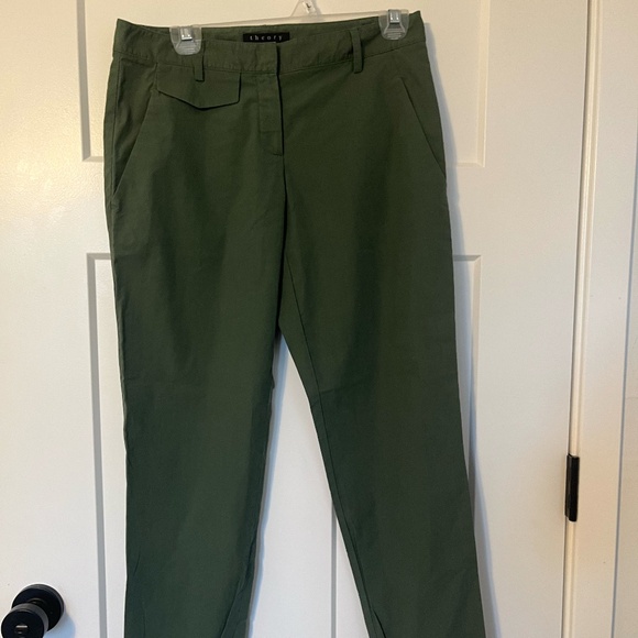 Theory Women's Olive Green Chinos 100% Cotton Size 4 Cuffed Straight Leg Preppy - Picture 1 of 11